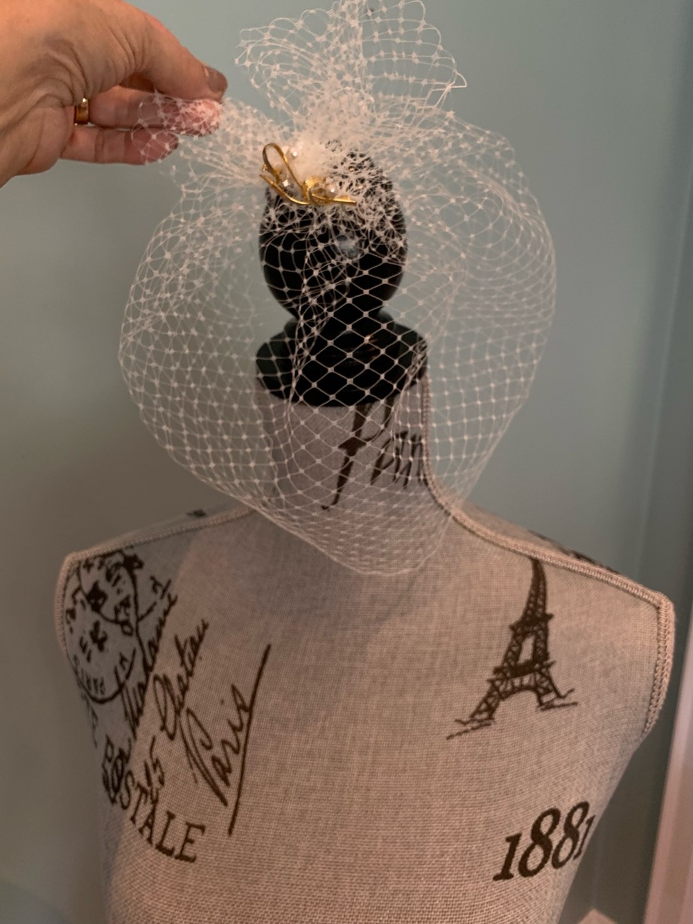 White Birdcage Veil with Gold & Pearl Accents